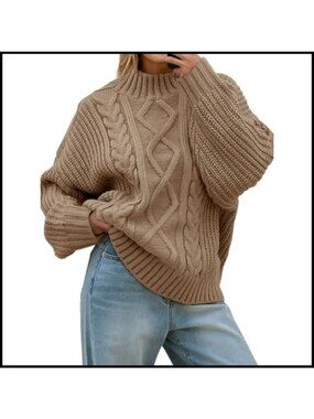 Oversized Cable Knit Turtleneck Sweater Button Up Chunky Pullover